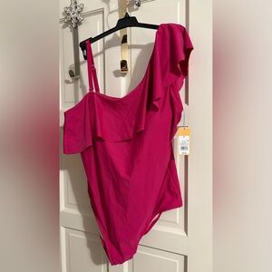Kona Sol Pink Ruffled One-Shoulder High Coverage one piece swimsuit Women’s Plus